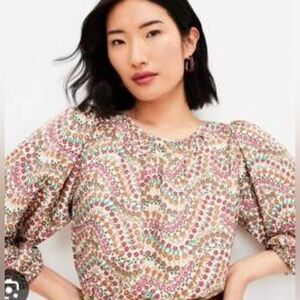 LOFT Floral Print Puff Sleeve Crew Neck Blouse
